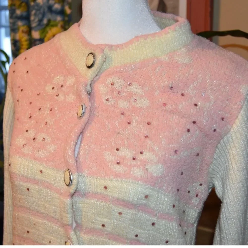 Vintage 1970s Kanchan Cardigan Sweater Beaded Front Pink Cream Size Small